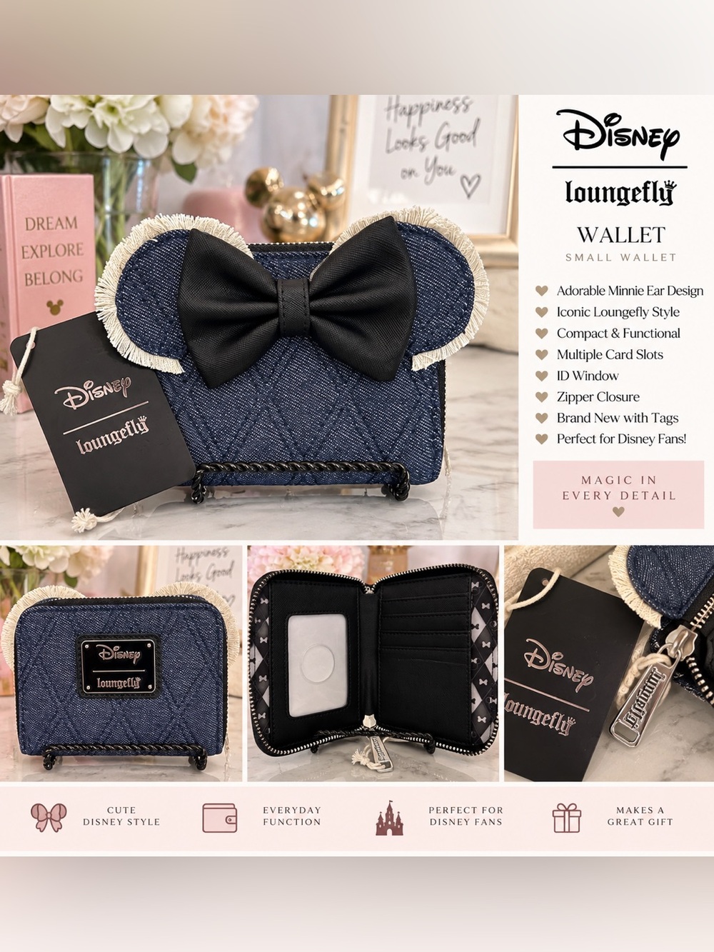 Loungefly Denim Minnie Ear Kids Wallet - Navy Blue & Black Bow